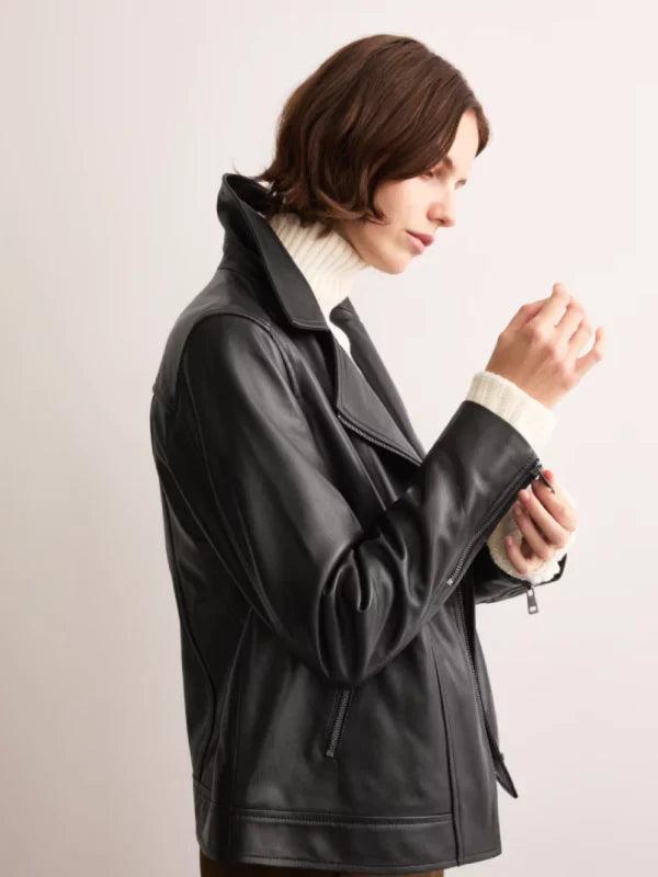 Jaeger Oversized Leather Biker Jacket Black