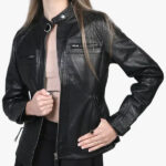Johnson Women Black Cafe Racer Leather Jacket