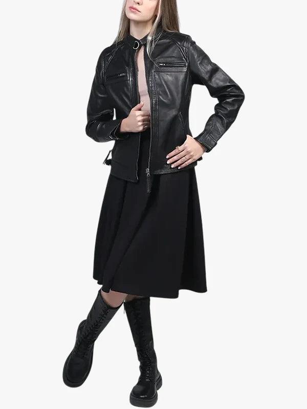 Johnson Women Cafe Racer Black Leather Jacket 4