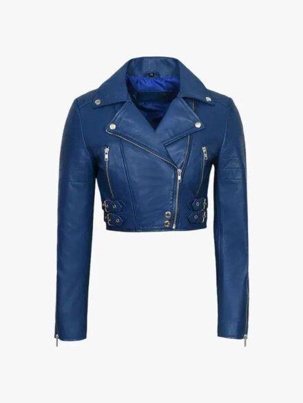 Julian Women s Blue Cropped Biker Jacket