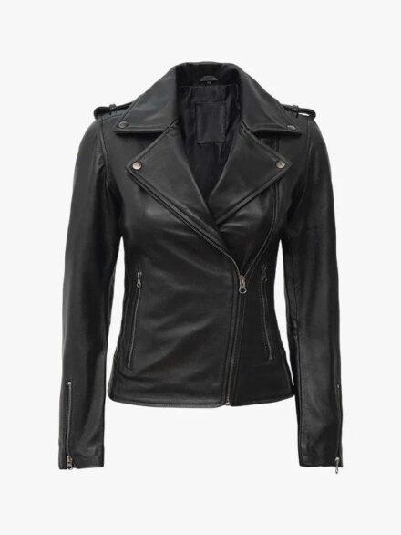 Kirsten Women s Black Asymmetrical Leather Motorcycle Jacket