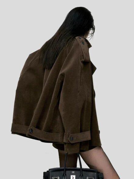 LapelLooseBrownSuedeJacket