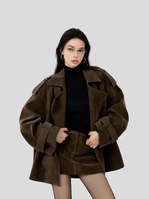 Lapel Loose Suede Jacket Brown