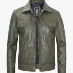 Leather Jacket Mens Dark Green Trucker