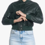 Lisa Womens Green Bomber Rib Knitted Jackei