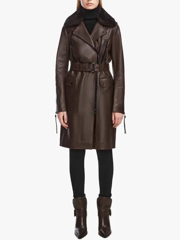 MIDWAY Women s Leather Trench Brown Coat