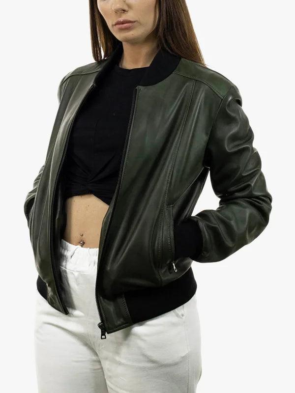 Malesia Womens Green Bomber Zip Up Jacket