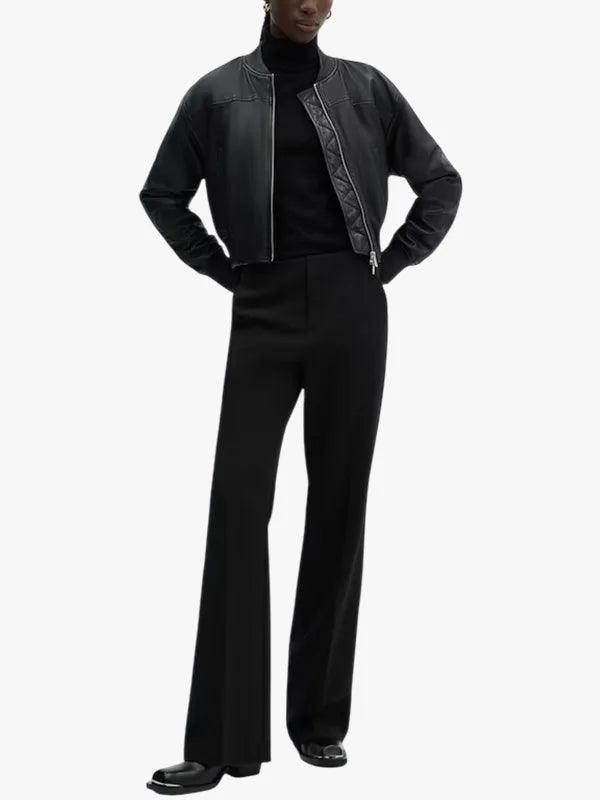 Mango Outlet Women Black Leather Bomber Jacket