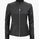 Maude Women s Black Textured Cafe Racer Leather Jacket