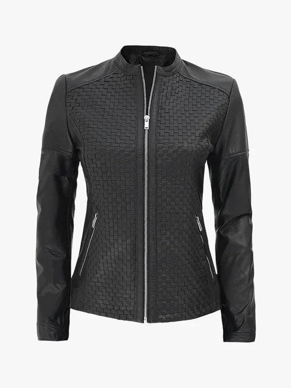 Maude Women s Black Textured Cafe Racer Leather Jacket