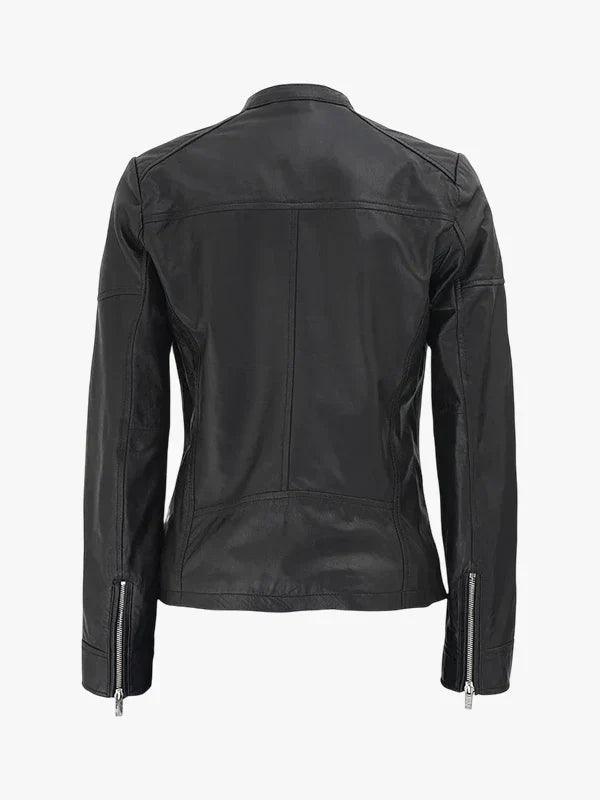 Maude Women s Textured Cafe Racer Black Leather Jacket