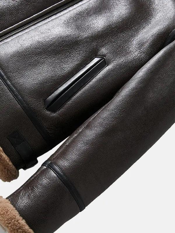 Men Brown Sheepskin B 3 Bomber Shearling Flight Jacket Sleeves Close Up Copy