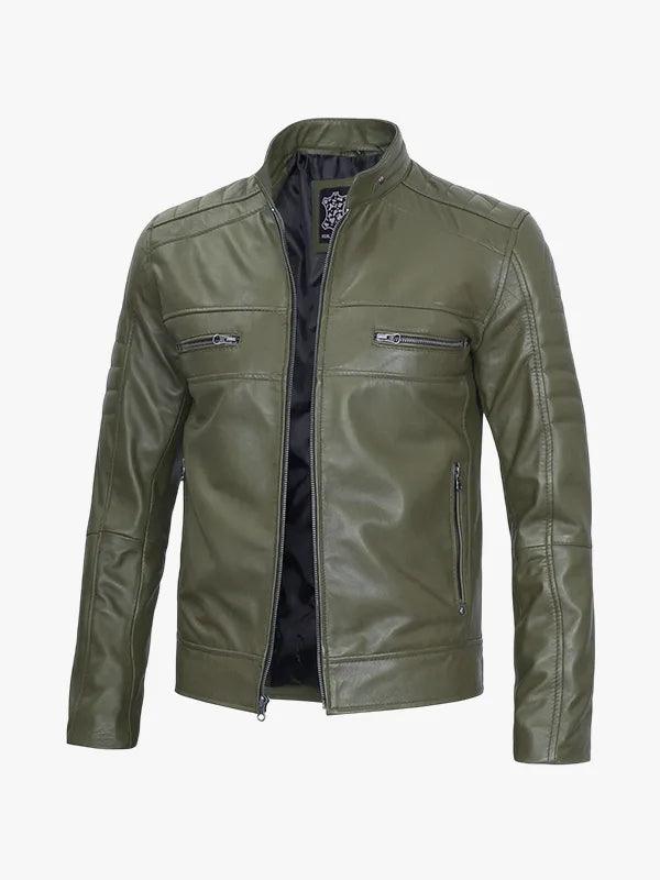 Men Olive Green Cafe Racer Leather Jacket 1