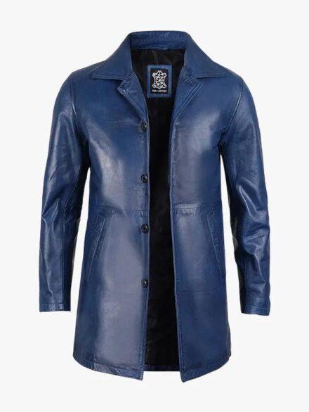 Men s 3 4 Length Blue Waxed Leather Car Coat