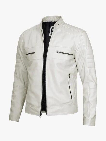 Men s Biker Off White Leather Caf Racer Jacket