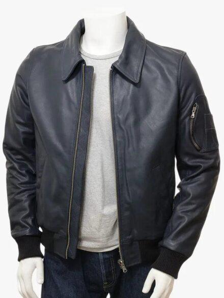 Men s Blue Leather Bomber Jacket Culmstock