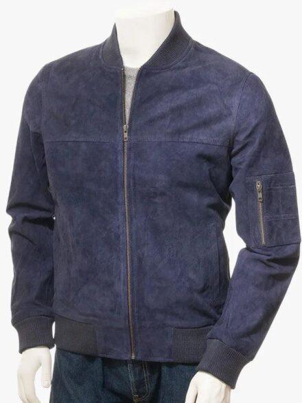 Men s Blue Suede Bomber Jacket