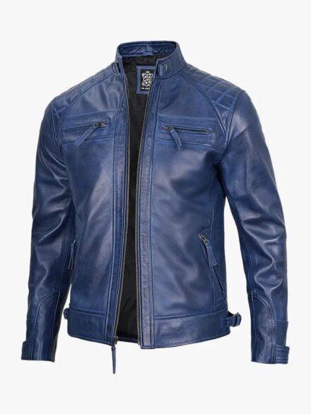 Men s Blue Waxed Quilted Shoulder Caf Racer Leather Jacket