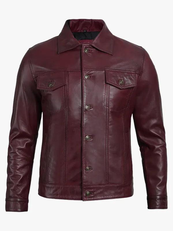 Men s Burgundy Lambskin Leather Trucker Jacket