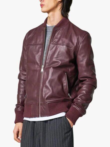 Men s Burgundy Leather Bomber Jacket