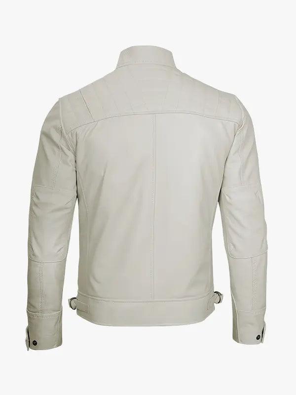 Men s Casual Off White Leather Caf Racer Jacket