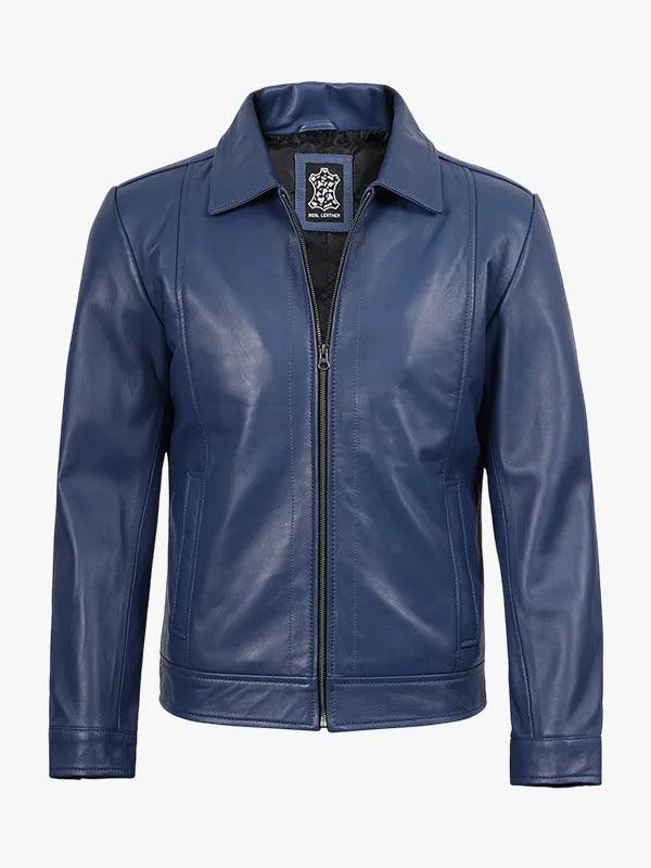 Men s Classic Blue Leather Jacket with Shirt Collar