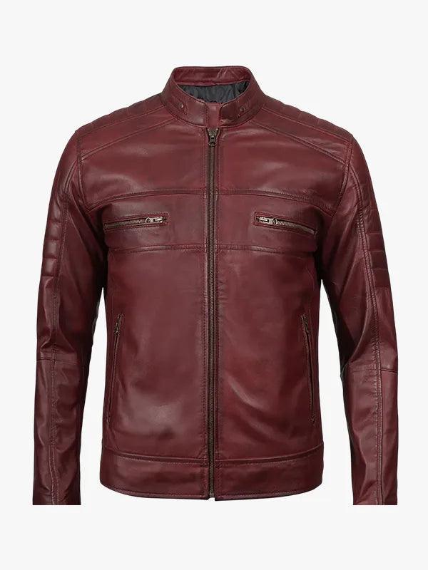 Men s Genuine Burgundy Leather Moto Jacket