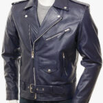 Men s Navy Leather Biker Jacket