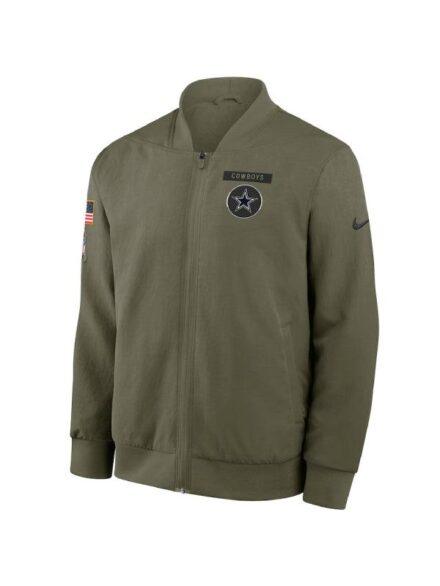 Men s Nike Olive Dallas Cowboys 2025 Salute to Service Sideline Full Zip Bomber Jacket