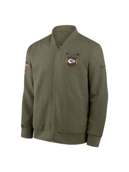 Men s Nike Olive Kansas City Chiefs 2025 Salute to Service Sideline Full Zip Bomber Jacket Olive