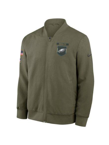 Men s Nike Olive Philadelphia Eagles 2025 Salute to Service Sideline Full Zip Bomber Jacket
