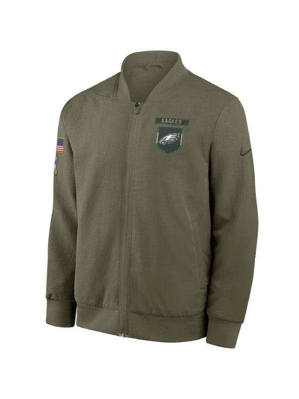 Men s Nike Olive Philadelphia Eagles 2025 Salute to Service Sideline Full Zip Bomber Jacket