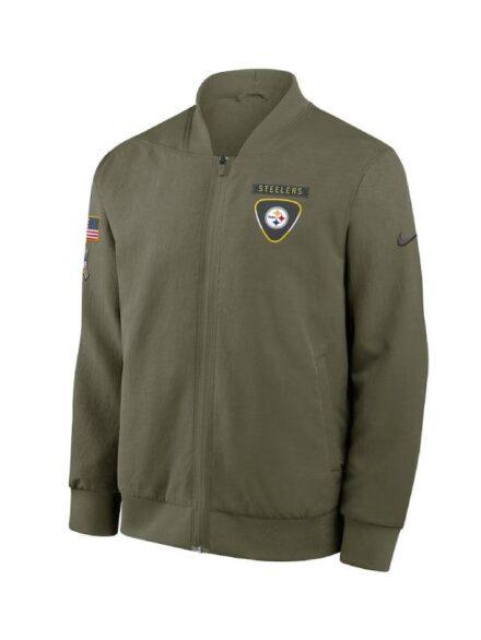 Men s Nike Olive Pittsburgh Steelers 2025 Salute to Service Sideline Full Zip Bomber Jacket