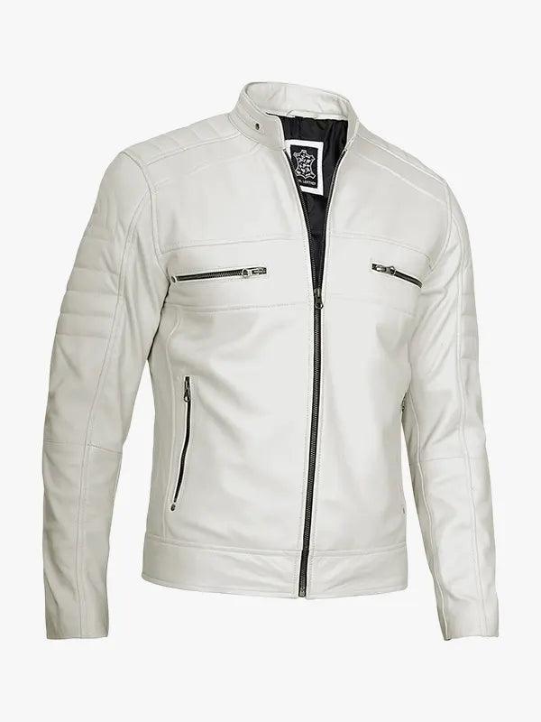 Men s Off White Distressed Caf Racer Leather Jacket
