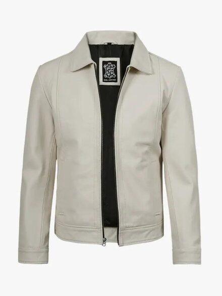 Men s Off White Leather Harrington Jacket