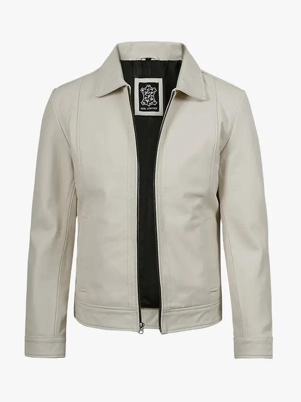 Men s Off White Leather Harrington Jacket