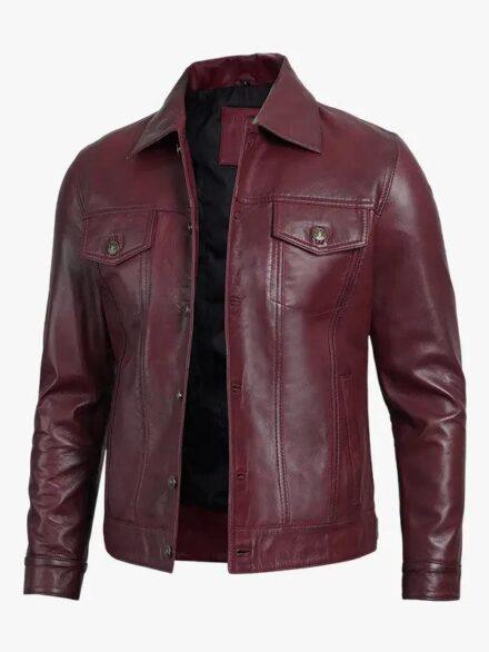 Men s Real Lambskin Leather Burgundy Trucker Jacket