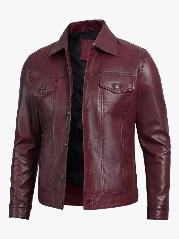 Men s Real Lambskin Leather Burgundy Trucker Jacket