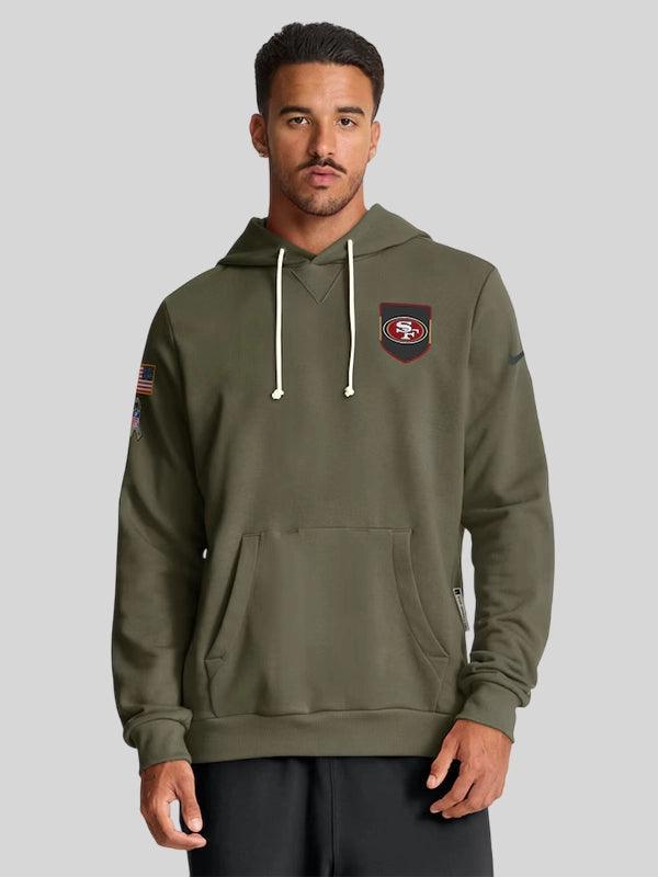 Men s San Francisco 49ers Nike Olive 2025 Salute to Service Sideline Standard Issue Dri FIT Hoodie