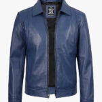 Men s Shirt Collar Blue Leather Jacket
