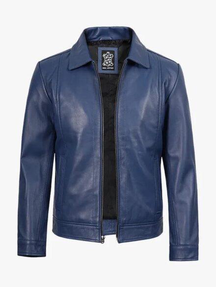 Men s Shirt Collar Blue Leather Jacket