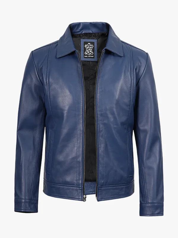 Men s Shirt Collar Blue Leather Jacket
