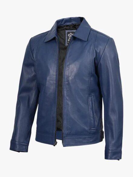 Men s Shirt Collar Leather Jacket Blue