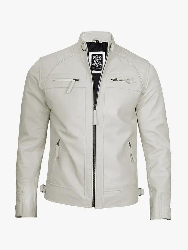 Men s Slim Fit Off White Caf Racer Leather Jacket