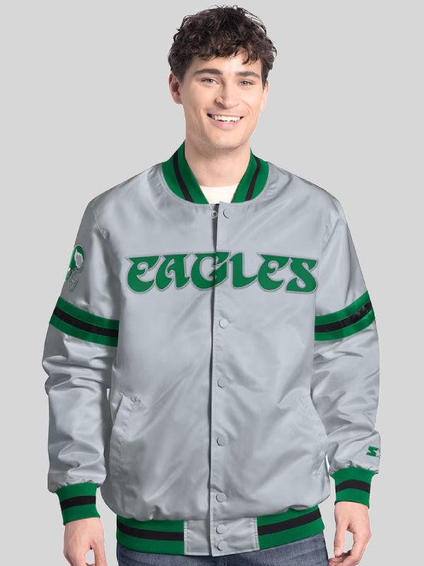 Men s Starter Gray Philadelphia Eagles Vintage Scout Full Snap Varsity Jacket