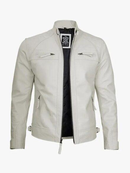Men s Vintage Off White Caf Racer Leather Jacket