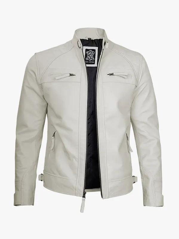 Men s Vintage Off White Caf Racer Leather Jacket