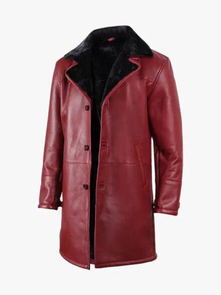 Men s Winter Maroon Leather Shearling Coat