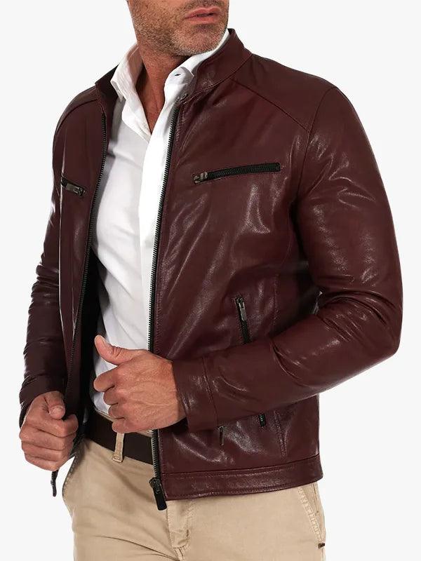 Men s biker leather jacket moto burgundy Hamilton