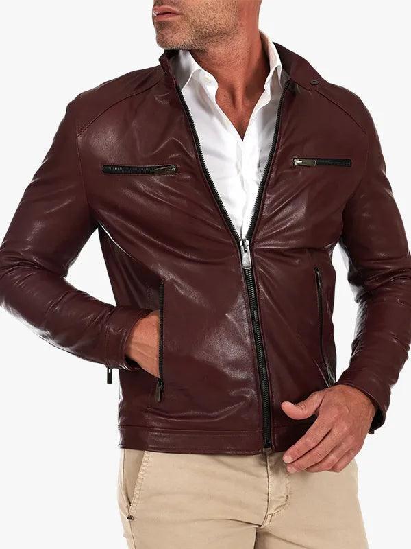 Men s leather jacket biker leather jacket moto burgundy Hamilton